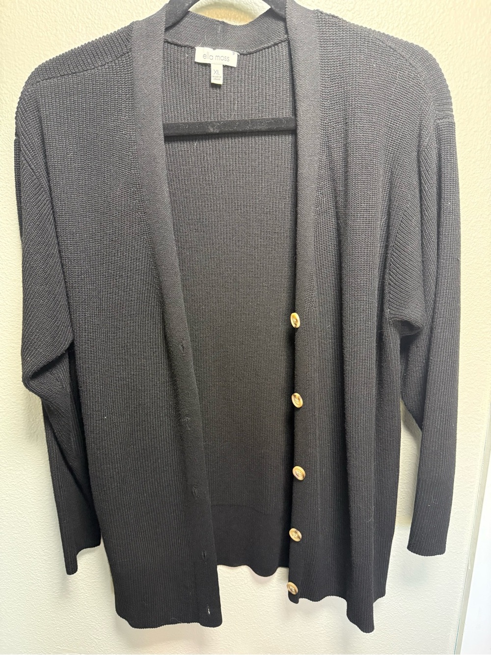 Ella Moss Black Long Cardigan Sweater XL Wood Button Open Front